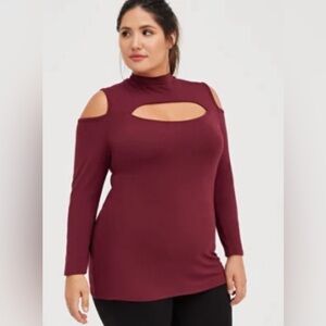 Torrid Mock Neck Cutout Top Super Soft Wine Cold Shoulder New w/tags Size 10/00